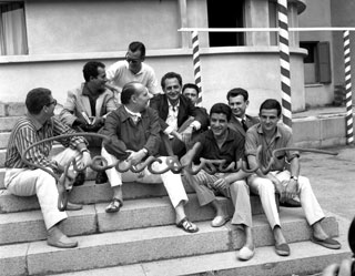 Directors Group: Roberto Rossellini with young Olmi, Pontecorvo, Lizzani, Maselli, Ruffo, Truffaut. Venice film festival, 1959 